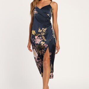 Lulus Remarkable Entrance Navy Blue Floral Print Satin Midi Dress - Size S
